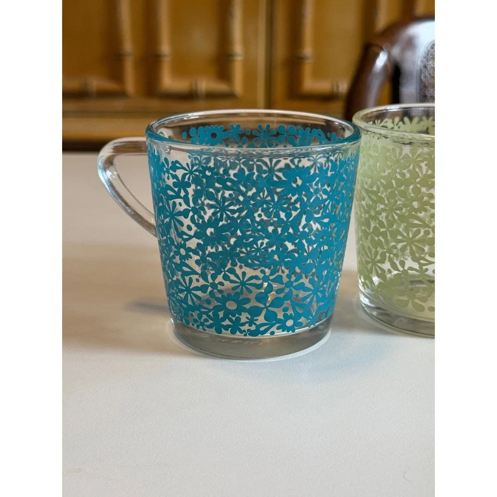 IKEA‎ Floral Glass Mugs Set of 2 Blue Green Daisy Pattern Made in France 18314